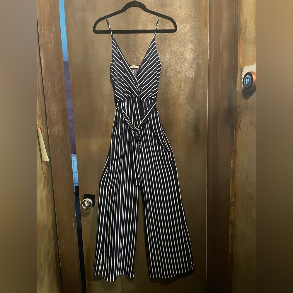 Navy Blue and White Striped Jumpsuit